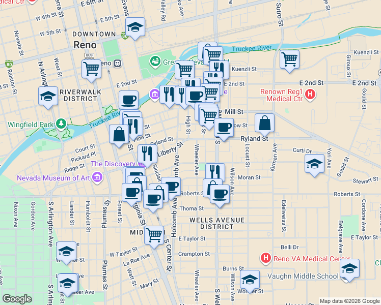 map of restaurants, bars, coffee shops, grocery stores, and more near 317 Wheeler Avenue in Reno