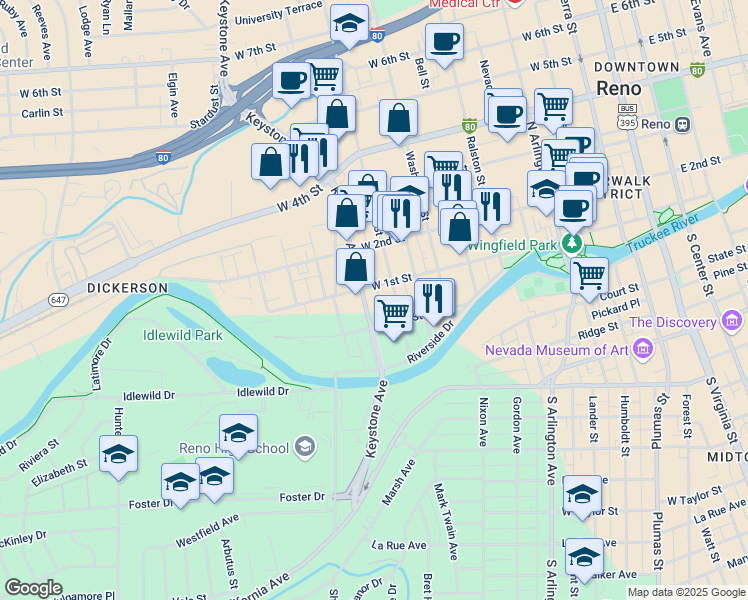 map of restaurants, bars, coffee shops, grocery stores, and more near 923 West 1st Street in Reno