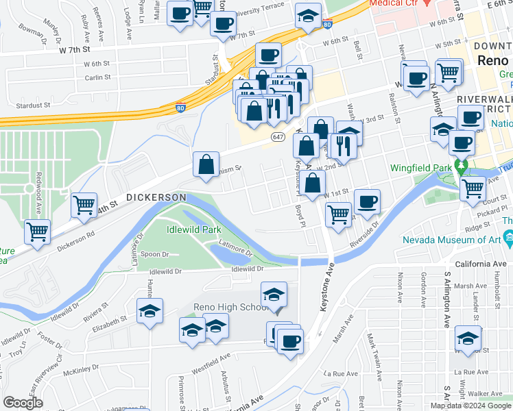 map of restaurants, bars, coffee shops, grocery stores, and more near 149 Arletta Street in Reno