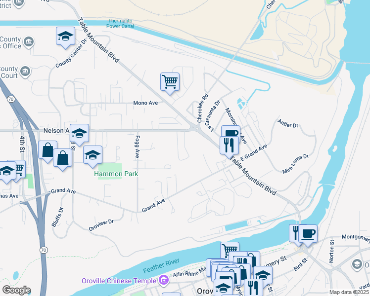 map of restaurants, bars, coffee shops, grocery stores, and more near 23 Nelson Avenue in Oroville