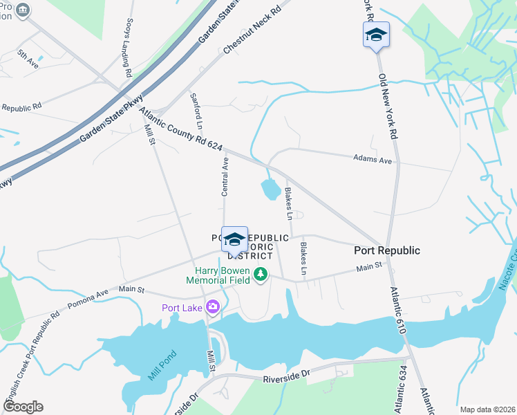 map of restaurants, bars, coffee shops, grocery stores, and more near 132 Blakes Lane in Port Republic