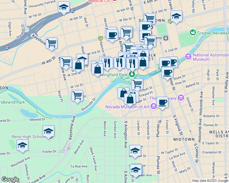 map of restaurants, bars, coffee shops, grocery stores, and more near 516 Island Avenue in Reno