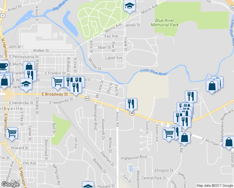 map of restaurants, bars, coffee shops, grocery stores, and more near 125 East Drive in Shelbyville