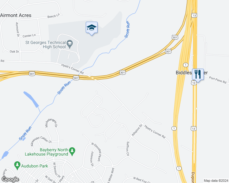 map of restaurants, bars, coffee shops, grocery stores, and more near 467 Hyett's Corner Road in Middletown