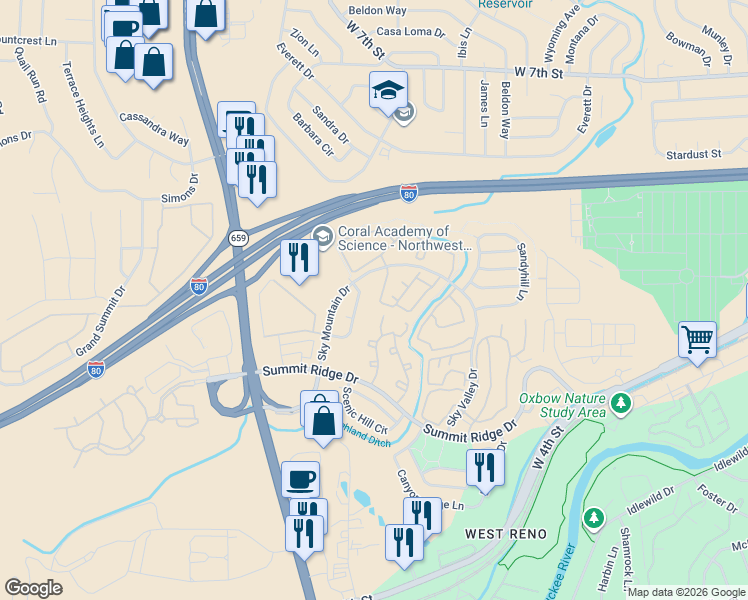 map of restaurants, bars, coffee shops, grocery stores, and more near 1680 Sky Mountain Drive in Reno