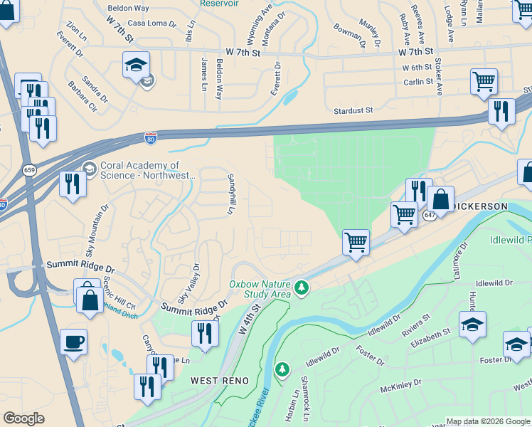 map of restaurants, bars, coffee shops, grocery stores, and more near 1342 Sandyhill Lane in Reno