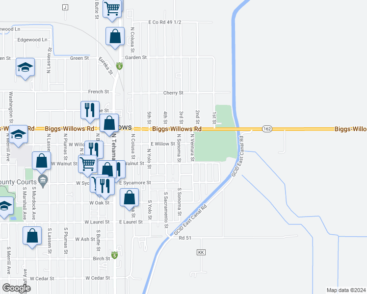 map of restaurants, bars, coffee shops, grocery stores, and more near 254 North Sonoma Street in Willows