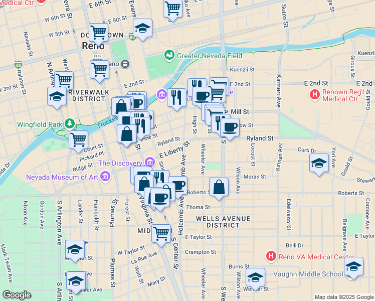 map of restaurants, bars, coffee shops, grocery stores, and more near 331 Holcomb Avenue in Reno