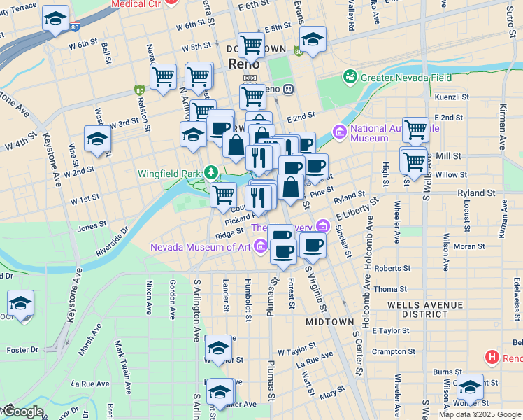 map of restaurants, bars, coffee shops, grocery stores, and more near 201 South Virginia Street in Reno