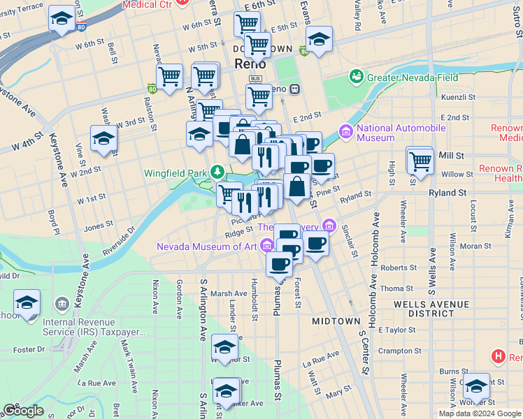 map of restaurants, bars, coffee shops, grocery stores, and more near 195 South Sierra Street in Reno