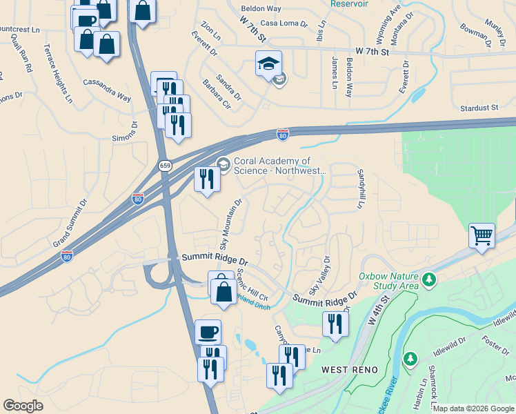 map of restaurants, bars, coffee shops, grocery stores, and more near 1680 Sky Mountain Drive in Reno