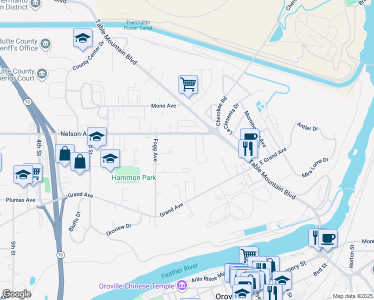 map of restaurants, bars, coffee shops, grocery stores, and more near 51 Nelson Avenue in Oroville