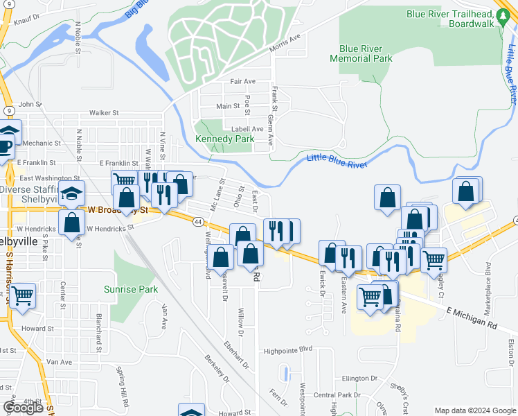 map of restaurants, bars, coffee shops, grocery stores, and more near 911 East Washington Street in Shelbyville