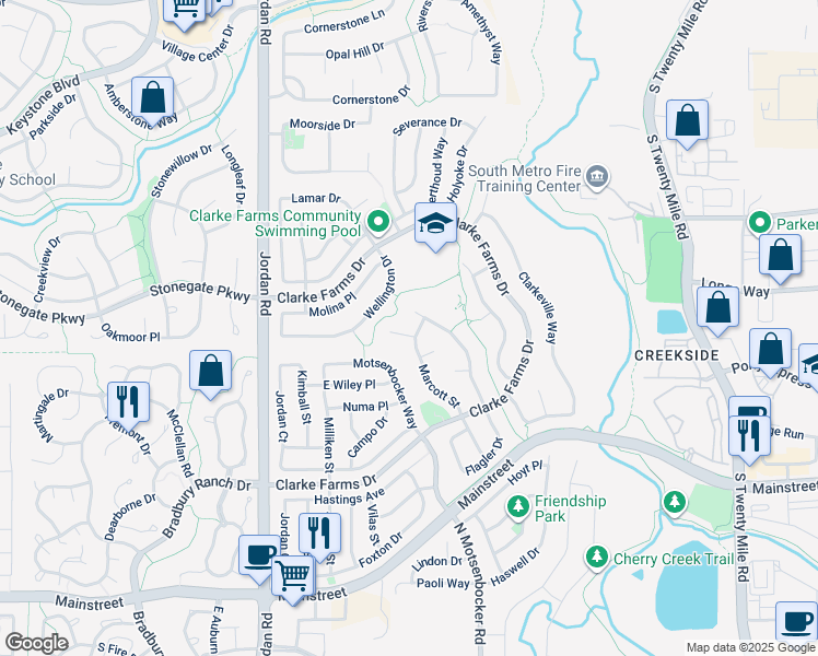 map of restaurants, bars, coffee shops, grocery stores, and more near 17309 Witten Court in Parker