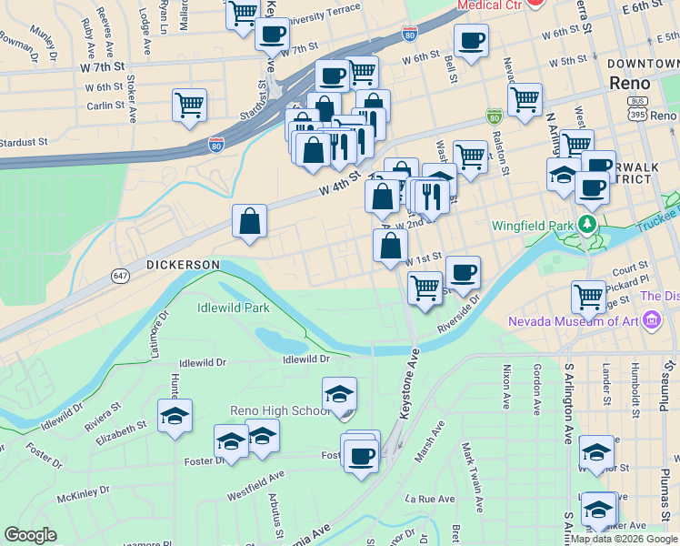 map of restaurants, bars, coffee shops, grocery stores, and more near 155 Gardner Street in Reno