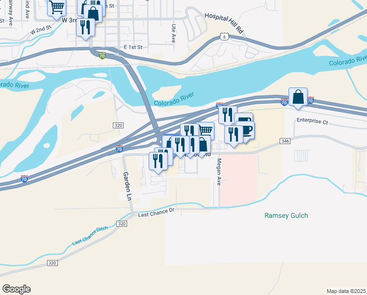 map of restaurants, bars, coffee shops, grocery stores, and more near 450 Airport Road in Rifle