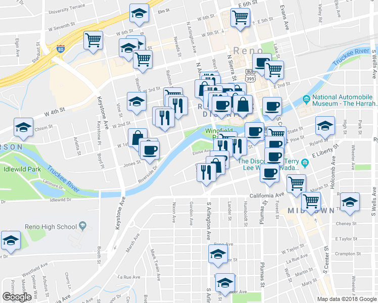 map of restaurants, bars, coffee shops, grocery stores, and more near 512 Island Avenue in Reno