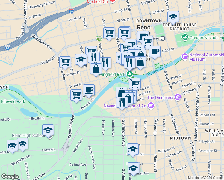map of restaurants, bars, coffee shops, grocery stores, and more near 512 Island Avenue in Reno