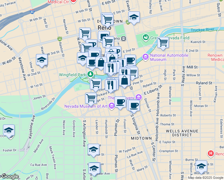 map of restaurants, bars, coffee shops, grocery stores, and more near 201 South Virginia Street in Reno