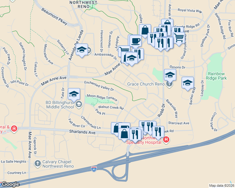 map of restaurants, bars, coffee shops, grocery stores, and more near 6380 Enchanted Valley Drive in Reno