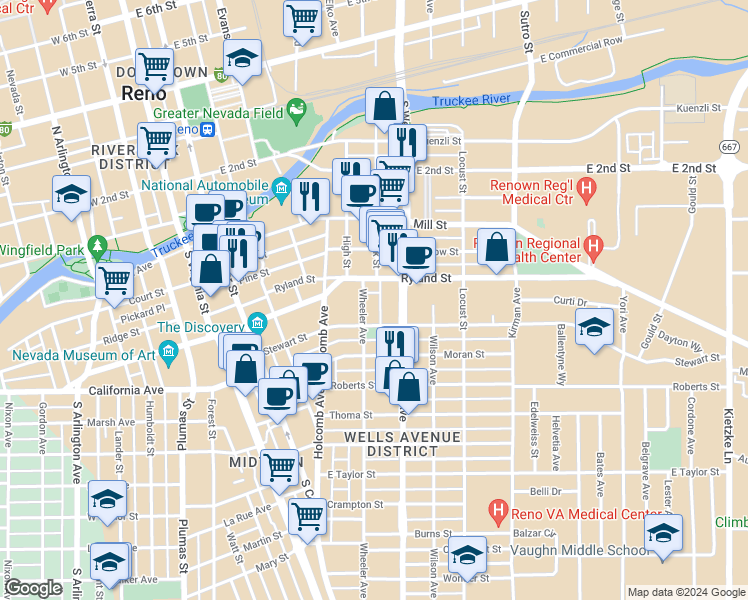 map of restaurants, bars, coffee shops, grocery stores, and more near 338 Wheeler Avenue in Reno