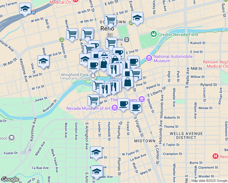 map of restaurants, bars, coffee shops, grocery stores, and more near 195 South Sierra Street in Reno