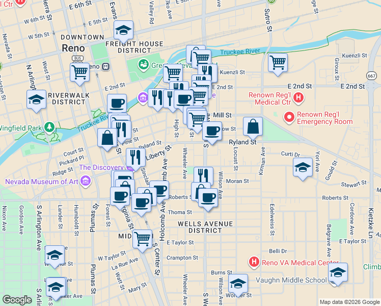 map of restaurants, bars, coffee shops, grocery stores, and more near 317 Wheeler Avenue in Reno