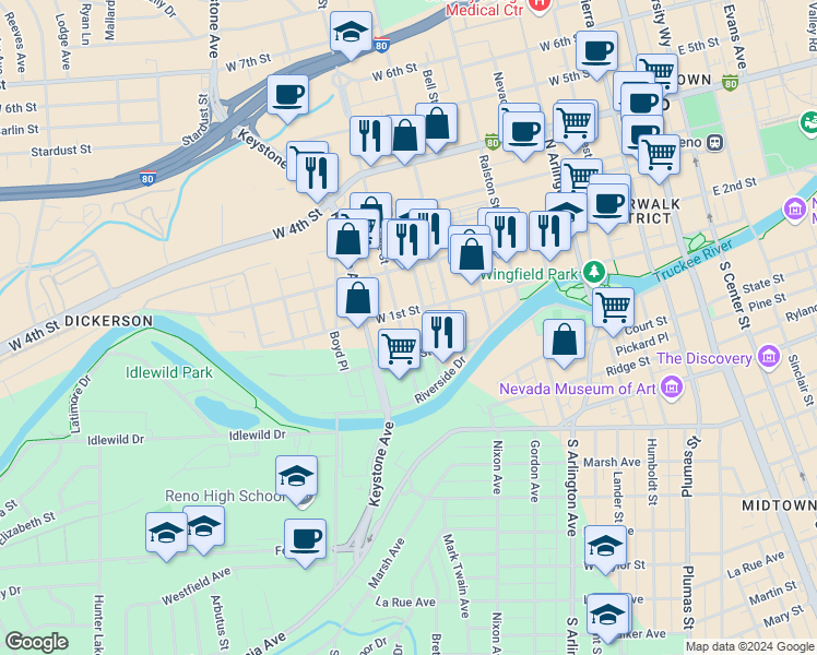 map of restaurants, bars, coffee shops, grocery stores, and more near 79 Winter Street in Reno