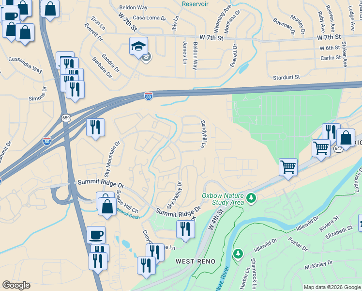 map of restaurants, bars, coffee shops, grocery stores, and more near 1351 Mistyridge Lane in Reno