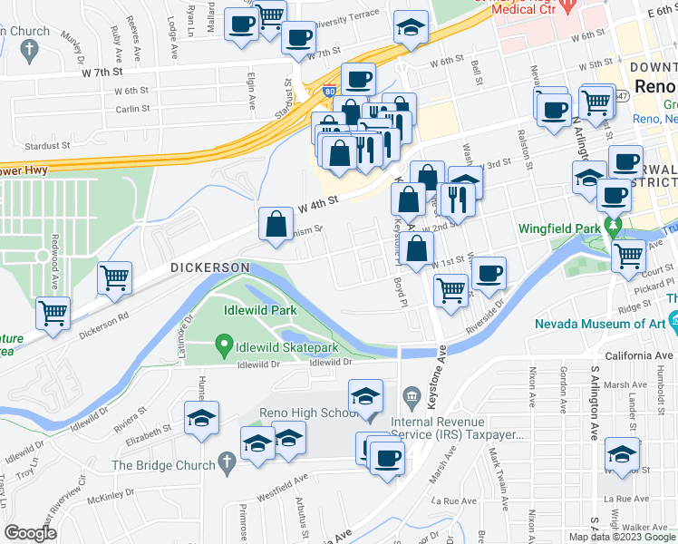 map of restaurants, bars, coffee shops, grocery stores, and more near 140 Chism Street in Reno