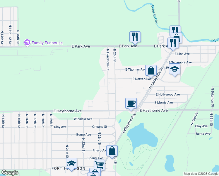 map of restaurants, bars, coffee shops, grocery stores, and more near 4718-4798 North 25th Street in North Terre Haute