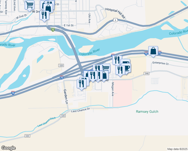 map of restaurants, bars, coffee shops, grocery stores, and more near 450 Airport Road in Rifle