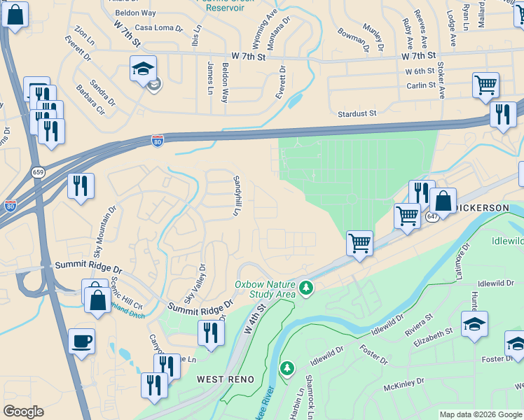 map of restaurants, bars, coffee shops, grocery stores, and more near 1342 Sandyhill Lane in Reno