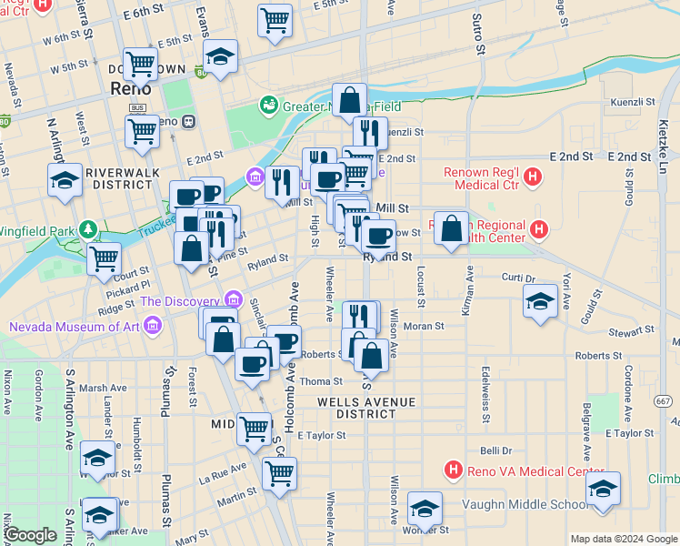 map of restaurants, bars, coffee shops, grocery stores, and more near 317 Wheeler Avenue in Reno