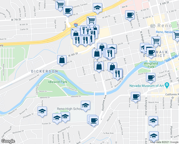 map of restaurants, bars, coffee shops, grocery stores, and more near 155 Gardner Street in Reno