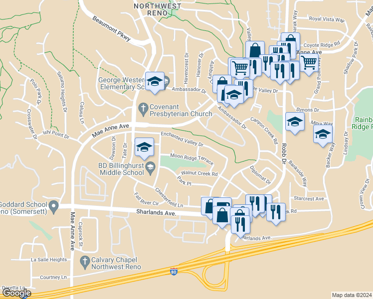 map of restaurants, bars, coffee shops, grocery stores, and more near 6450 Enchanted Valley Drive in Reno