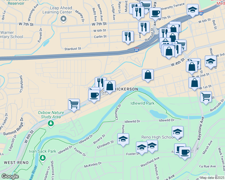 map of restaurants, bars, coffee shops, grocery stores, and more near 2000 East 4th Street in Reno