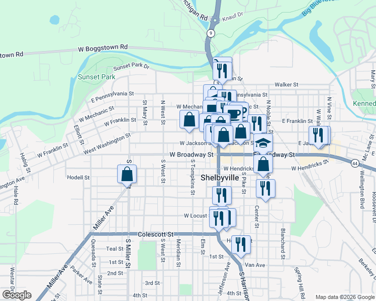 map of restaurants, bars, coffee shops, grocery stores, and more near 54 West Broadway Street in Shelbyville