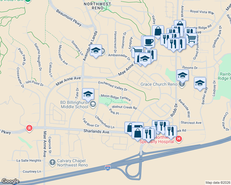 map of restaurants, bars, coffee shops, grocery stores, and more near 6450 Enchanted Valley Drive in Reno