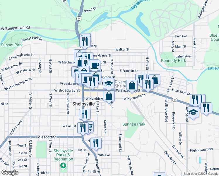 map of restaurants, bars, coffee shops, grocery stores, and more near 158 East Broadway Street in Shelbyville