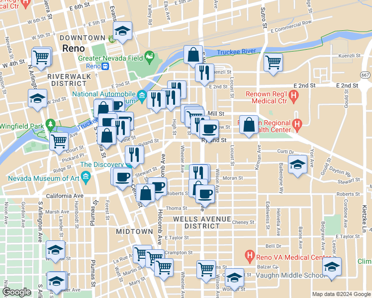 map of restaurants, bars, coffee shops, grocery stores, and more near 328 Wheeler Avenue in Reno