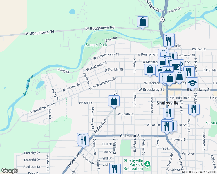 map of restaurants, bars, coffee shops, grocery stores, and more near 103 South Miller Street in Shelbyville