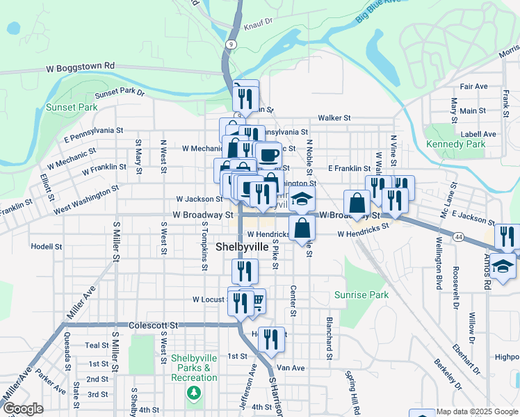 map of restaurants, bars, coffee shops, grocery stores, and more near 32 East Broadway Street in Shelbyville