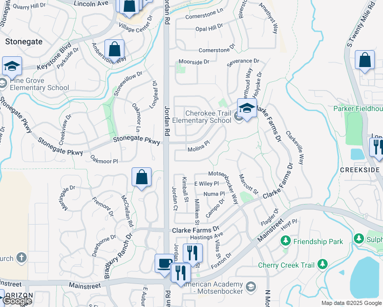 map of restaurants, bars, coffee shops, grocery stores, and more near 16916 Molina Place in Parker