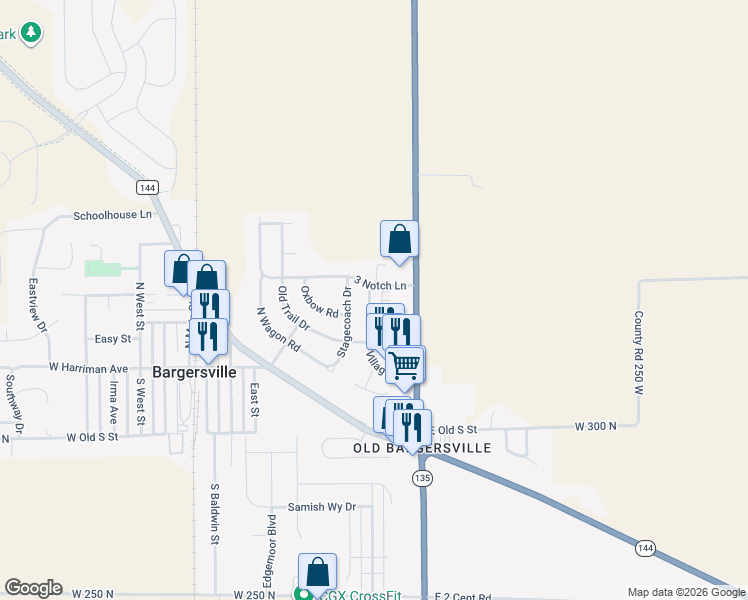 map of restaurants, bars, coffee shops, grocery stores, and more near 175 Village Road in Bargersville
