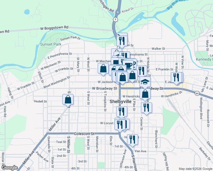 map of restaurants, bars, coffee shops, grocery stores, and more near 54 West Broadway Street in Shelbyville