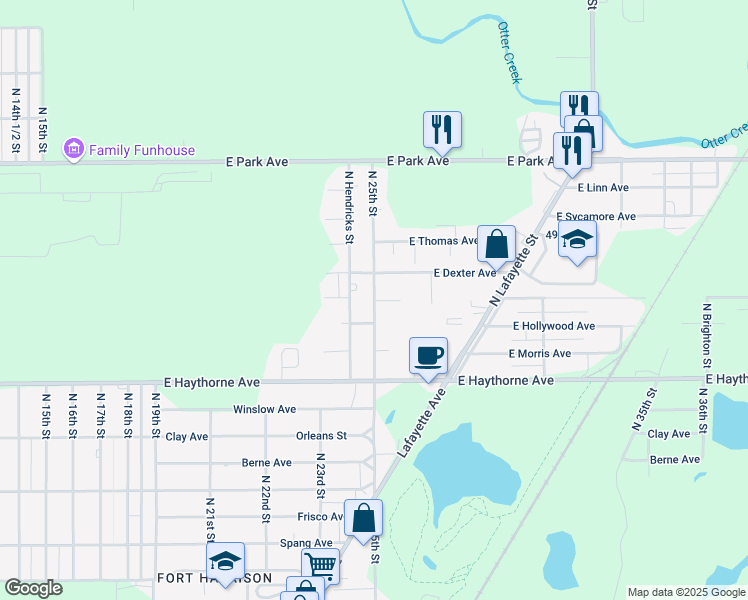 map of restaurants, bars, coffee shops, grocery stores, and more near 4718 North 25th Street in North Terre Haute