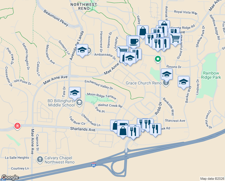 map of restaurants, bars, coffee shops, grocery stores, and more near 6380 Enchanted Valley Drive in Reno