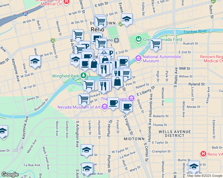map of restaurants, bars, coffee shops, grocery stores, and more near 201 South Virginia Street in Reno