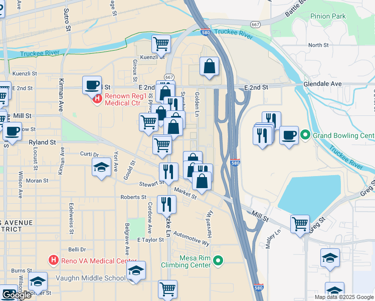 map of restaurants, bars, coffee shops, grocery stores, and more near 401 Golden Lane in Reno